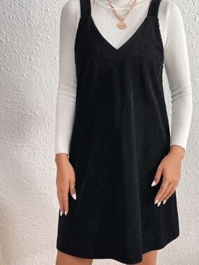 SHEIN Black V-Neck Corduroy Mini Slip Dress